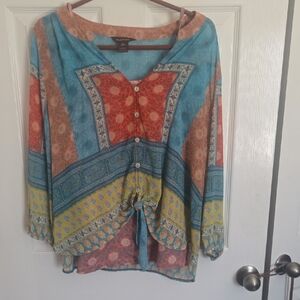 Multiples Teal Multi-Print Tie-Front V-Neck Blouse